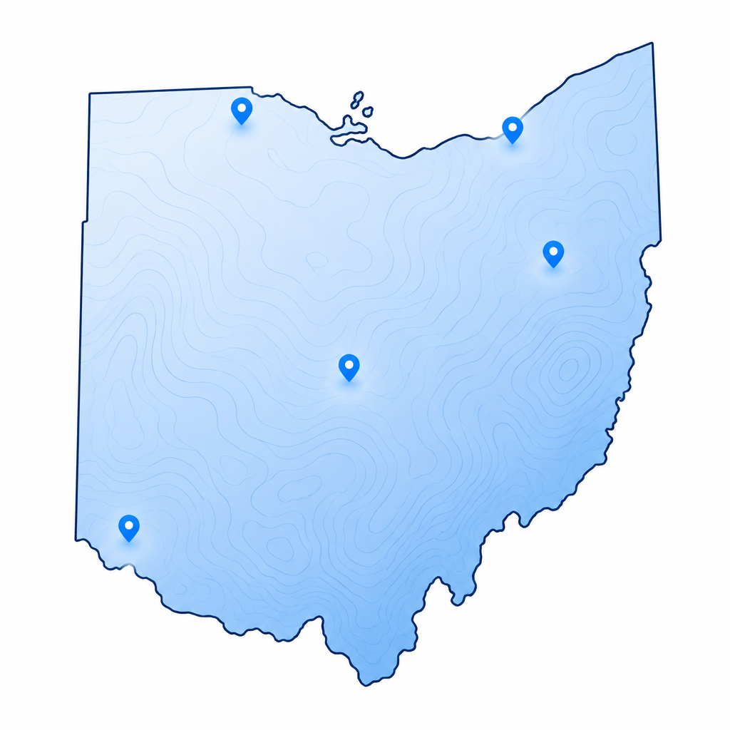 Map of Ohio highlighting major nursing school cities
